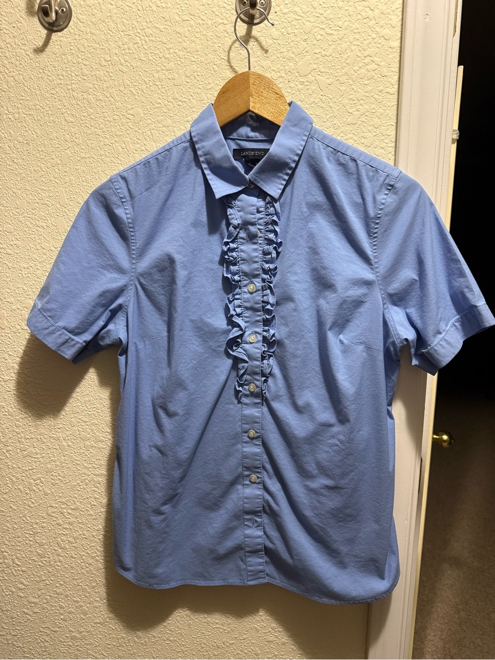 Lands' End Light Blue Ruffle-Front Short Sleeve Button-Up Shirt